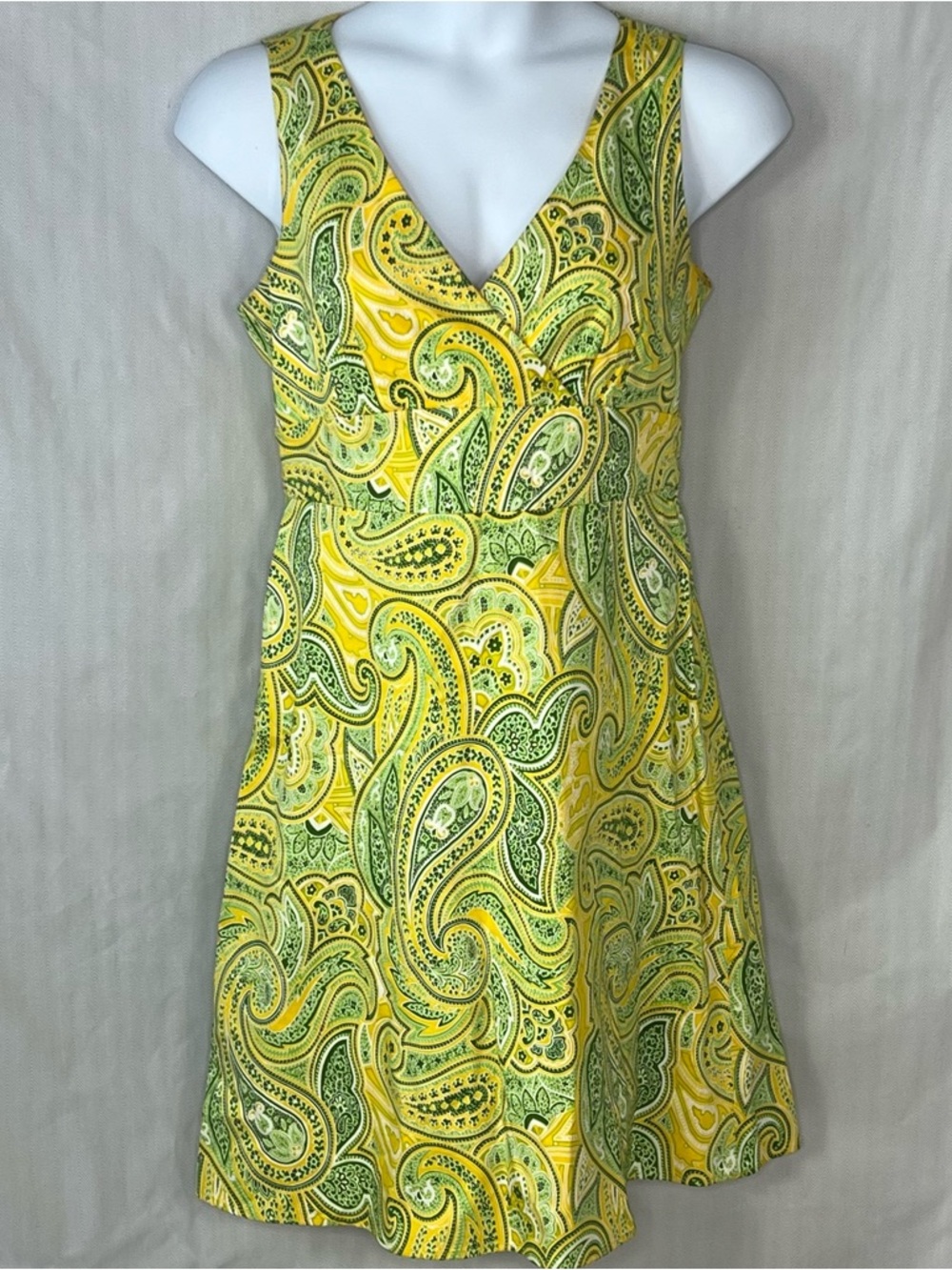 Spense Dress Yellow & Green Paisley V Neck Sleeveless Fit & Flare Side Zip 12👍